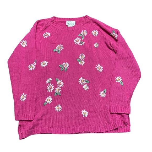 Quacker Factory Daisy Embroidered Pink Knit Sweater Size Medium - Picture 3 of 8